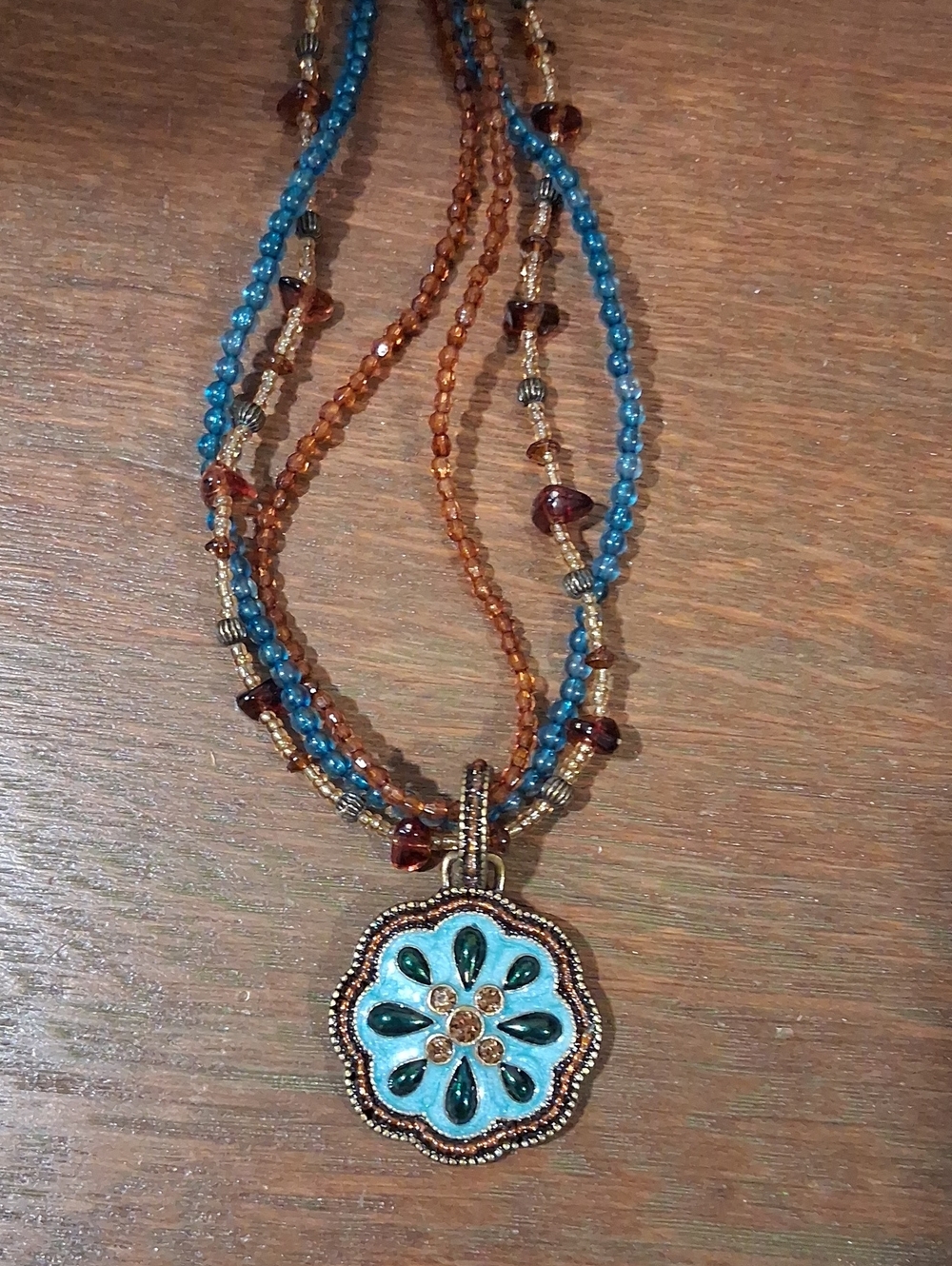Avon Blue and Brown Beaded Floral Pendant Necklace